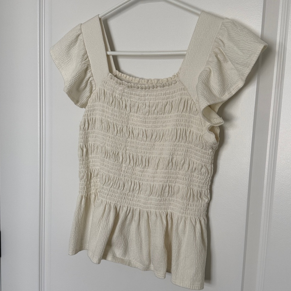 Cream Smocked Ruffle Sleeve Blouse